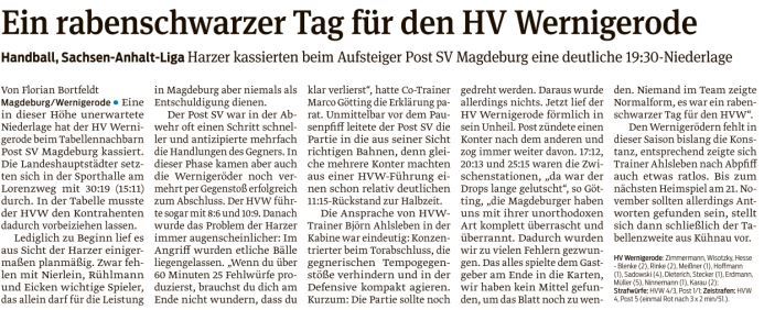 Volksstimme Bericht zum Match der 1. Mannschaft beim Post SV Magdeburg